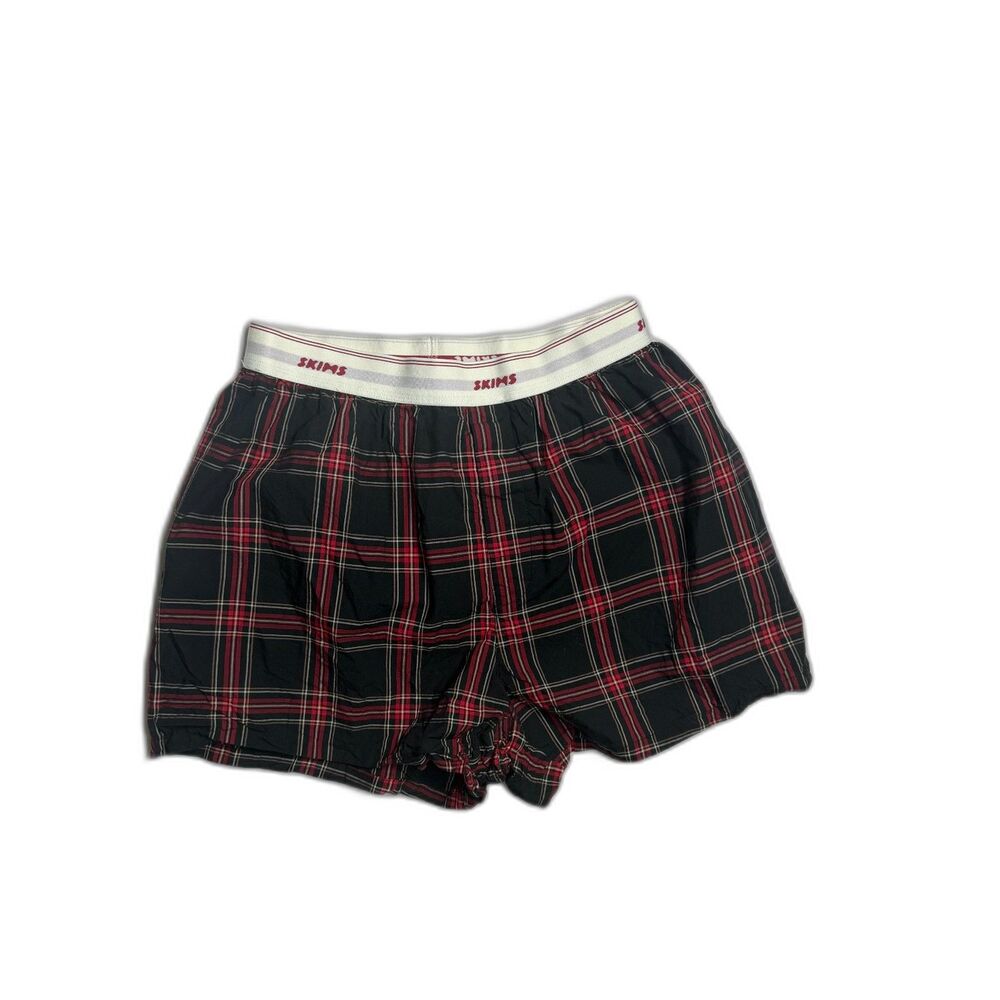 SKIMS Cotton Plaid Boxer Shorts Black Red Tartan Poplin Logo Waistband Size M